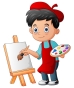 Маленький мальчик рисует кистью иллюстрации